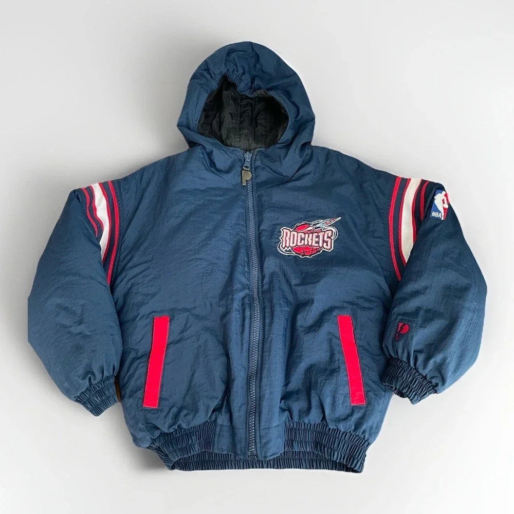Vintage Pro Player Houston Rockets Puffer Jacket Full Zip Reversible Sz YL 14-16